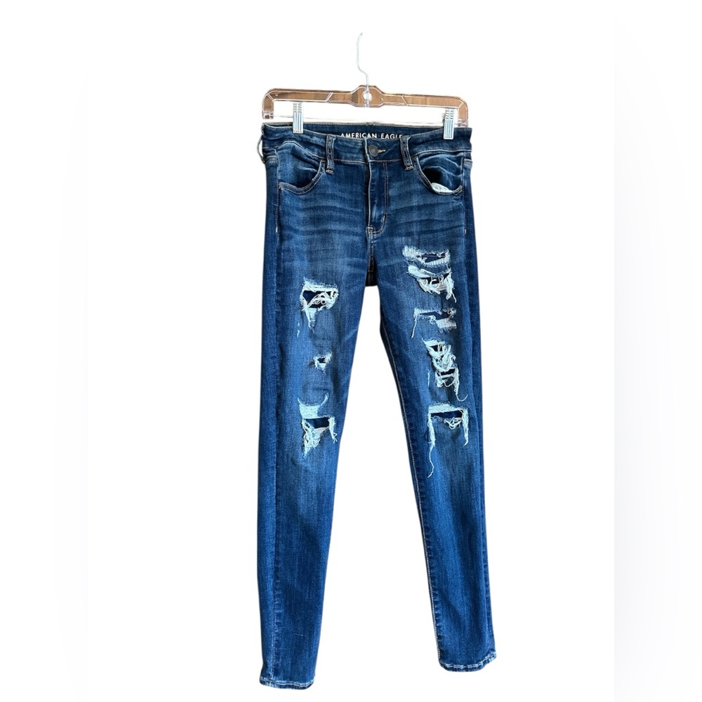 American Eagle Outfitters Women's Dark Blue Ripped Skinny Jeans